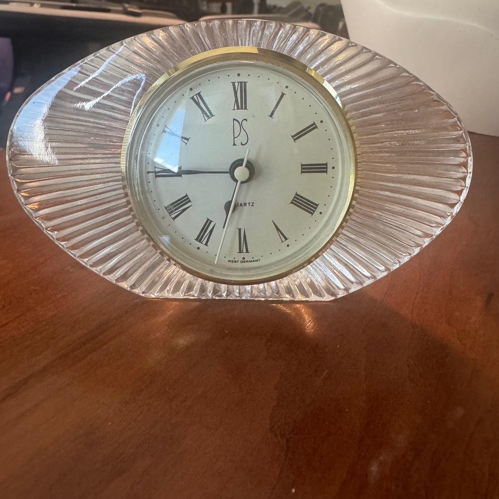 Vintage PS West Germany Quartz Fluted Glass Oval Desk Clock Gold Tone MCM